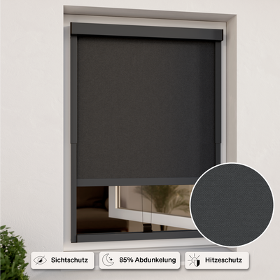 Außenrollo für Fenster | Grau Sichtschutz | in Rasterbreite | Montage ohne Bohren